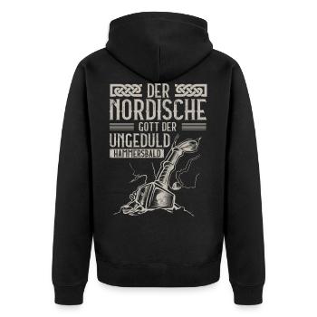Wikinger, Nordische Gott der Ungeduld, Hammersbald - Unisex Premium Bio Zip Hoodie - Schwarz - Hinten - Nico (187cm)