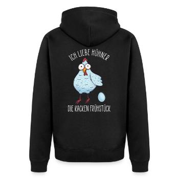 Ich liebe Hühner - Die kacken Frühstück - Unisex Premium Bio Zip Hoodie - Schwarz - Hinten - Nico (187cm)