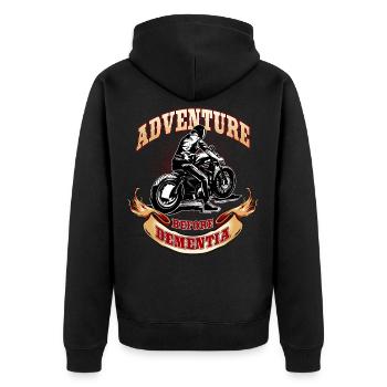 Aventure Avant démence, Motard, Moto - Veste à capuche bio Premium Unisexe - noir - Dos - Nico (187cm)