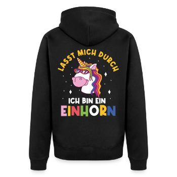Einhorn, Lasst mich durch ich bin ein Einhorn - Unisex Premium Bio Zip Hoodie - Schwarz - Hinten - Nico (187cm)