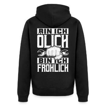 Motorrad Mofa Bin ich Ölich bin ich Fröhlich - Unisex Premium Bio Zip Hoodie - Schwarz - Hinten - Nico (187cm)