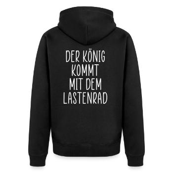 Lastenfahrrad - Der König kommt mit dem Lastenrad - Unisex Premium Bio Zip Hoodie - Schwarz - Hinten - Nico (187cm)