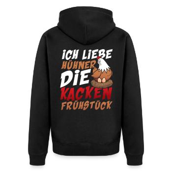 Ich liebe Hühner die kacken Frühstück - Unisex Premium Bio Zip Hoodie - Schwarz - Hinten - Nico (187cm)