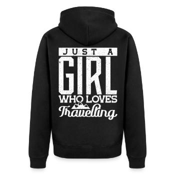 Just a girl who loves travelling World Traveler Wo - Unisex Premium Bio Zip Hoodie - Schwarz - Hinten - Nico (187cm)