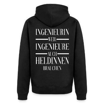 Ingenieurin weil Ingenieure auch Heldinnen - Unisex Premium Bio Zip Hoodie - Schwarz - Hinten - Nico (187cm)
