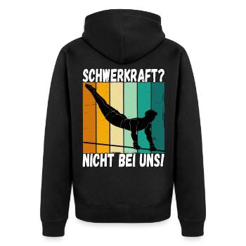 Schwerkraft? Nicht Bei Uns - Turnen Turner - Unisex Premium Bio Zip Hoodie - Schwarz - Hinten - Nico (187cm)