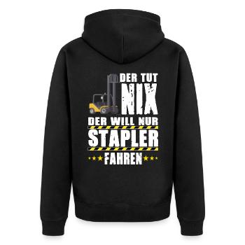 DER TUT NIX DER WILL NUR STAPLER FAHREN - Unisex Premium Bio Zip Hoodie - Schwarz - Hinten - Nico (187cm)