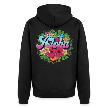 Aloha Blume für einen Hawaii-Liebhaber und Surfer - Unisex Premium Bio Zip Hoodie - Schwarz - Hinten - Nico (187cm)