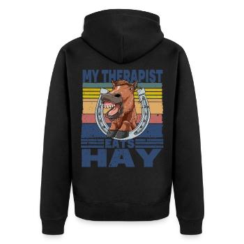My Therapist Eats Hay - Unisex Premium Bio Zip Hoodie - Schwarz - Hinten - Nico (187cm)