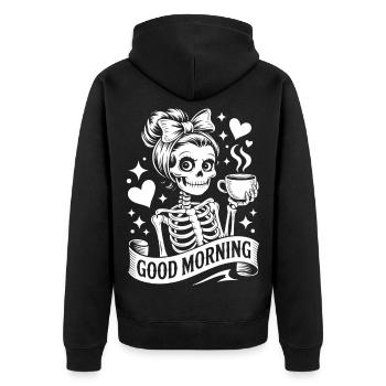 Guten Morgen Skelett mit Kaffee - Unisex Premium Bio Zip Hoodie - Schwarz - Hinten - Nico (187cm)