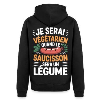 Humour Saucisson – Jamais Végétarien - Veste à capuche bio Premium Unisexe - noir - Dos - Nico (187cm)