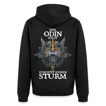 Wer Odin folgt fürchtet keinen Sturm - Unisex Premium Bio Zip Hoodie - Schwarz - Hinten - Nico (187cm)