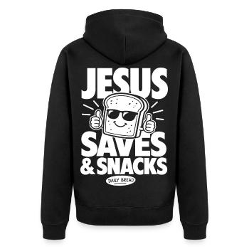 Jesus Saves Bread Funny Christian - Unisex Premium Organic Zip Hoodie - black - Back - Nico (187cm)
