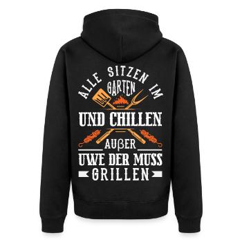 Grillmeister Geschenk Fleisch Wurst & Bier - Unisex Premium Bio Zip Hoodie - Schwarz - Hinten - Nico (187cm)