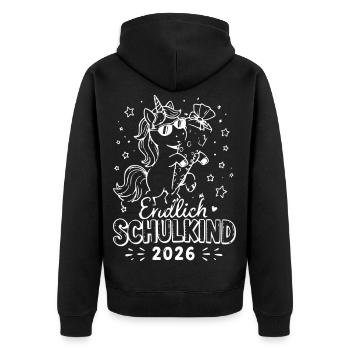 Unicorn Schulkind 2026 Design - Unisex Premium Bio Zip Hoodie - Schwarz - Hinten - Nico (187cm)