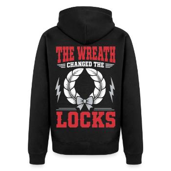 Kranzhumor – The Wreath Changed the Locks - Unisex Premium Bio Zip Hoodie - Schwarz - Hinten - Nico (187cm)