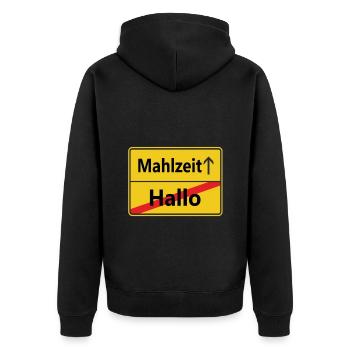 Hallo? Mahlzeit! - Unisex Premium Bio Zip Hoodie - Schwarz - Hinten - Nico (187cm)