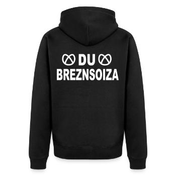 du breznsoiza - Bayrisch Dialekt - Unisex Premium Bio Zip Hoodie - Schwarz - Hinten - Nico (187cm)