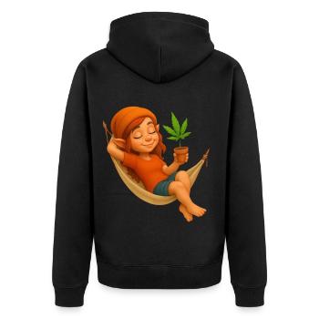 Zwergin in Hängematte mit Cannabispflanze - Unisex Premium Bio Zip Hoodie - Schwarz - Hinten - Nico (187cm)