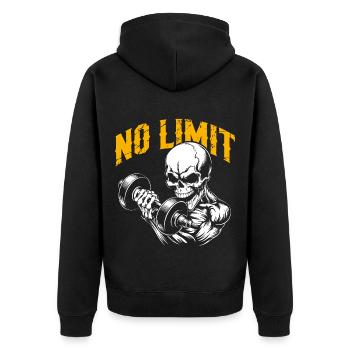 No Limit Workout Bodybuilding Skull mit Hantel - Unisex Premium Bio Zip Hoodie - Schwarz - Hinten - Nico (187cm)