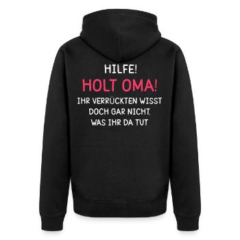 Hilfe! Holt Oma! - Unisex Premium Bio Zip Hoodie - Schwarz - Hinten - Nico (187cm)