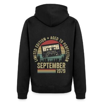 Born in September 1979 Vintage 1979 - Unisex Premium Organic Zip Hoodie - black - Back - Nico (187cm)