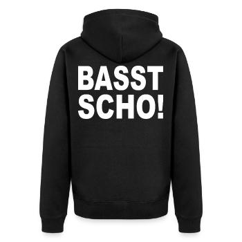 BASST SCHO - Bayrisch Mundart - Unisex Premium Bio Zip Hoodie - Schwarz - Hinten - Nico (187cm)