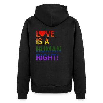 Liebe ist ein menschliches Recht - Unisex Premium Bio Zip Hoodie - Schwarz - Hinten - Nico (187cm)