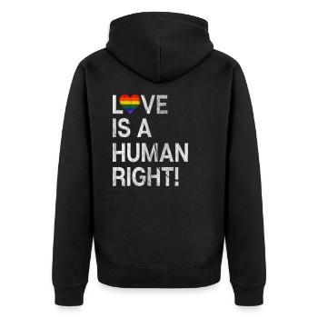Liebe ist ein menschliches Recht - Unisex Premium Bio Zip Hoodie - Schwarz - Hinten - Nico (187cm)