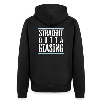 STRAIGHT OUTTA GIASING-T-Shirt Geschenk Giesing - Unisex Premium Bio Zip Hoodie - Schwarz - Hinten - Nico (187cm)