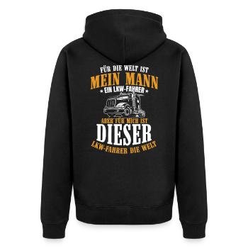 Mein Mann LKW Fahrer - Unisex Premium Bio Zip Hoodie - Schwarz - Hinten - Nico (187cm)