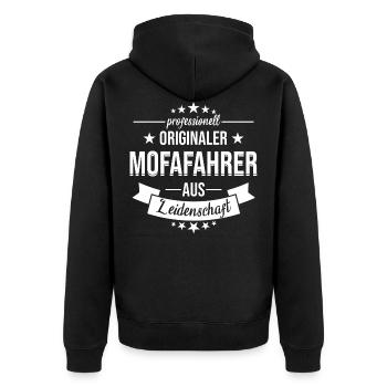 Mofa Moped Roller Motorrad Retro Spruch - Unisex Premium Bio Zip Hoodie - Schwarz - Hinten - Nico (187cm)