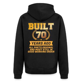 Built 70 years ago - Unisex Premium Organic Zip Hoodie - black - Back - Nico (187cm)