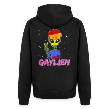 Alien Gay Gaylien LGBT Schwul Regenbogen CSD - Unisex Premium Bio Zip Hoodie - Schwarz - Hinten - Nico (187cm)