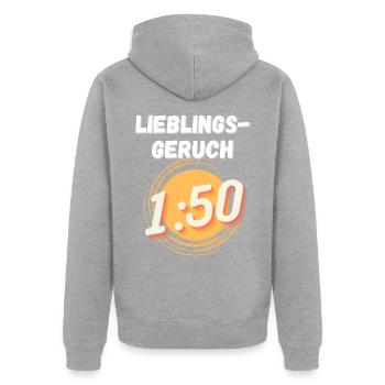 Lieblingsgeruch 1:50 DDR Zweitakt Trabbi Humor - Unisex Premium Bio Zip Hoodie - Grau meliert - Hinten - Nico (187cm)