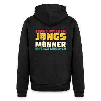 Jungs machen Jungs Männer machen Mädchen - Unisex Premium Bio Zip Hoodie - Schwarz - Hinten - Nico (187cm)