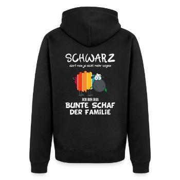 Das bunte Schaf der Familie Guy - Unisex Premium Bio Zip Hoodie - Schwarz - Hinten - Nico (187cm)