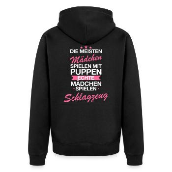Schlagzeugerin Schlagzeug Drums Drummer Spruch - Unisex Premium Bio Zip Hoodie - Schwarz - Hinten - Nico (187cm)