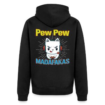 Pew Pew Funny Cat - Unisex Premium Bio Zip Hoodie - Schwarz - Hinten - Nico (187cm)