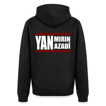 Yan Mirin Yan Azadi Kurdisch - Unisex Premium Bio Zip Hoodie - Schwarz - Hinten - Nico (187cm)