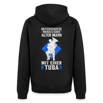 Alter Mann mit Tuba Tubist Tubaspieler Spruch - Unisex Premium Bio Zip Hoodie - Schwarz - Hinten - Nico (187cm)