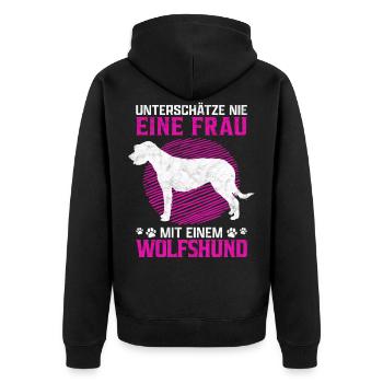 Frau mit Irischer Wolfshund Windhund Spruch - Unisex Premium Bio Zip Hoodie - Schwarz - Hinten - Nico (187cm)