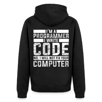 Programmierer Entwickler - Code Nerd Geek - Unisex Premium Bio Zip Hoodie - Schwarz - Hinten - Nico (187cm)