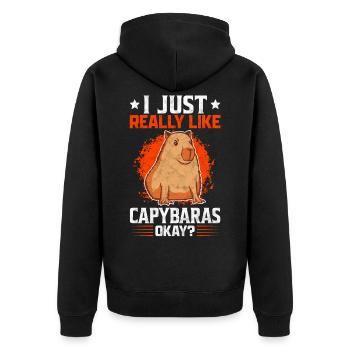 Ich mag Capybaras lustiger Wasserschwein Spruch - Unisex Premium Bio Zip Hoodie - Schwarz - Hinten - Nico (187cm)