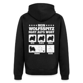Wolfsspitz Hundetricks deutscher Spitz Spruch - Unisex Premium Bio Zip Hoodie - Schwarz - Hinten - Nico (187cm)