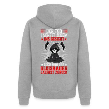 Der Gleisbauer lächelt zurück Gleisbau Spruch - Unisex Premium Bio Zip Hoodie - Grau meliert - Hinten - Nico (187cm)