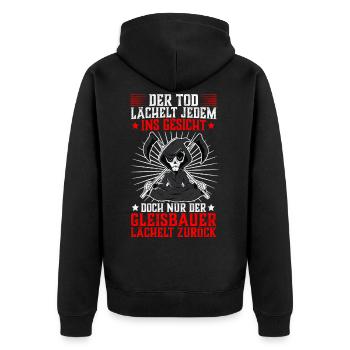 Der Gleisbauer lächelt zurück Gleisbau Spruch - Unisex Premium Bio Zip Hoodie - Schwarz - Hinten - Nico (187cm)