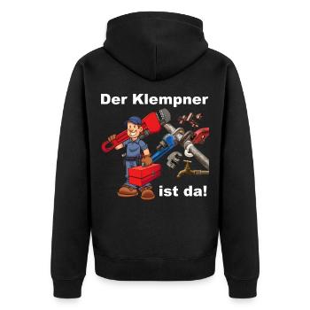 Der Klempner ist da! - Unisex Premium Bio Zip Hoodie - Schwarz - Hinten - Nico (187cm)