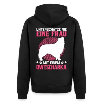 Frau mit Kaukasischer Owtscharka Kaukase Spruch - Unisex Premium Bio Zip Hoodie - Schwarz - Hinten - Nico (187cm)