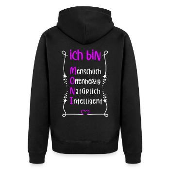 Für den besten Menschen - Ich bin Moni - Unisex Premium Bio Zip Hoodie - Schwarz - Hinten - Nico (187cm)